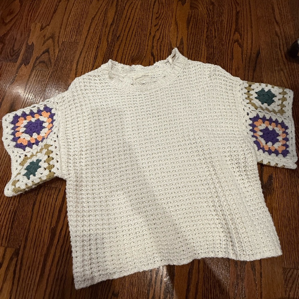 Universal Thread Cream Crochet Blouse with Purple and Green Accents